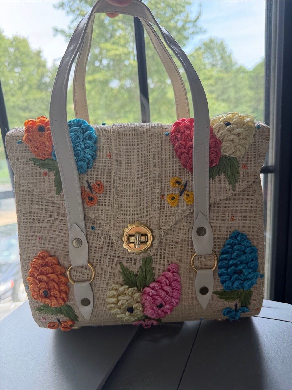 Whimsical, Embroidered Floral Straw Tote Handbag - Cream with Multicolor Flowers